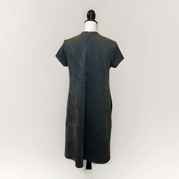 J McLaughlin Swing Dress Cap Sleeve Olive Green Faux Suede Size M Pockets - Picture 5 of 15